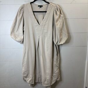 For Cynthia Linen Dress Womens Medium Beige Neutral Anthro Boho Peasant Hippie